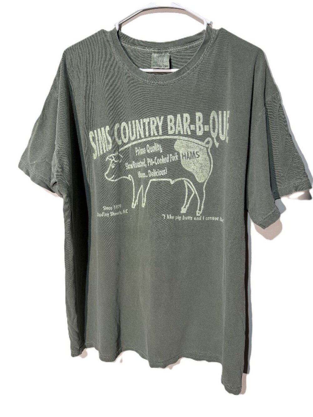Sims Country Bar-B-Que Tee Olive XL Comfort Colors Pig Graphic Funny